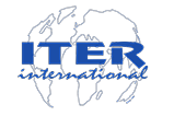 Logo bleue avec écrit le nom de Marque et international. En fond, traits dessinant la map monde